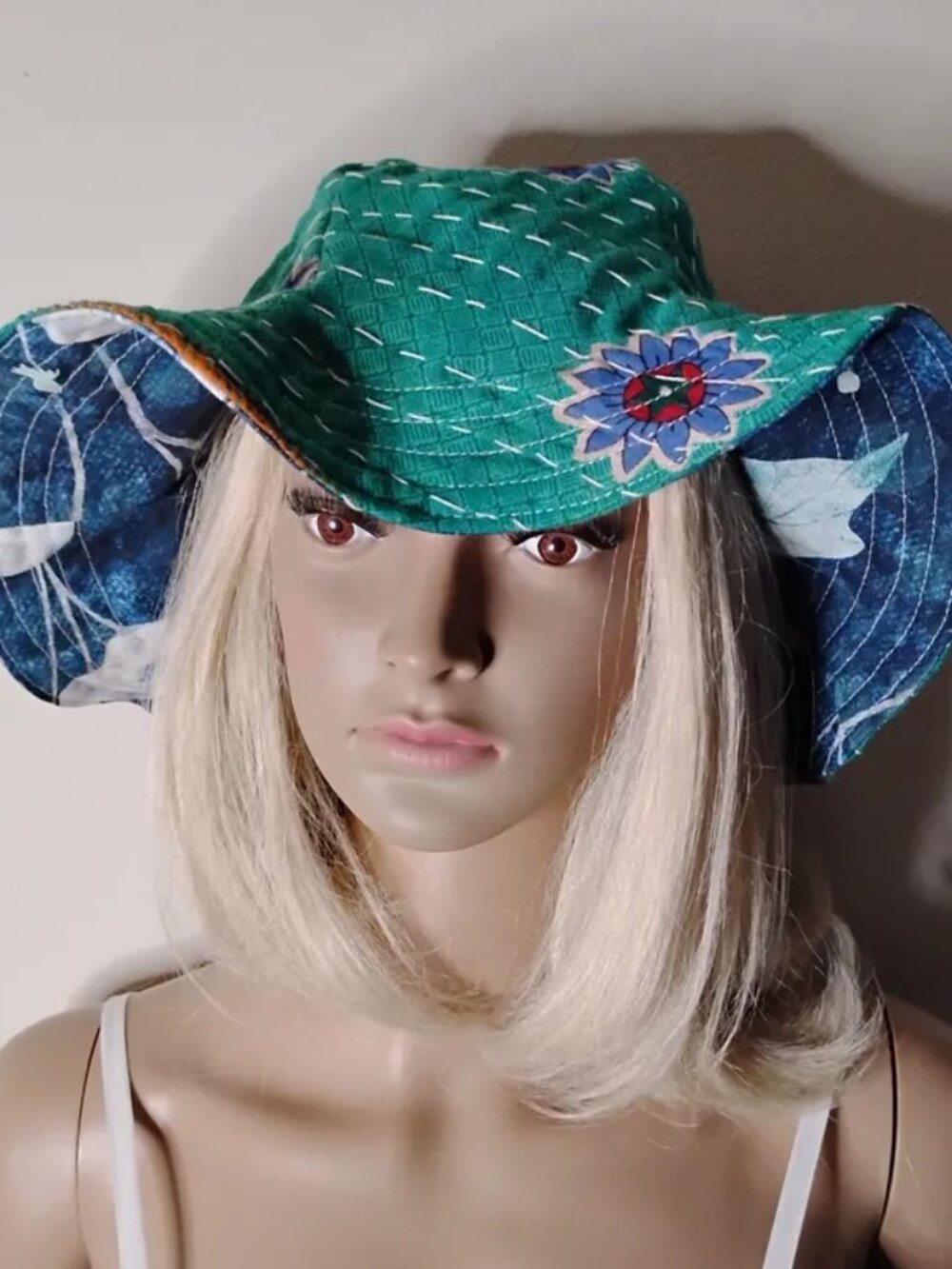 Kantha Sun Hat Green Navy M- L Reversible Floral Handmade Boho Beach New KS22.